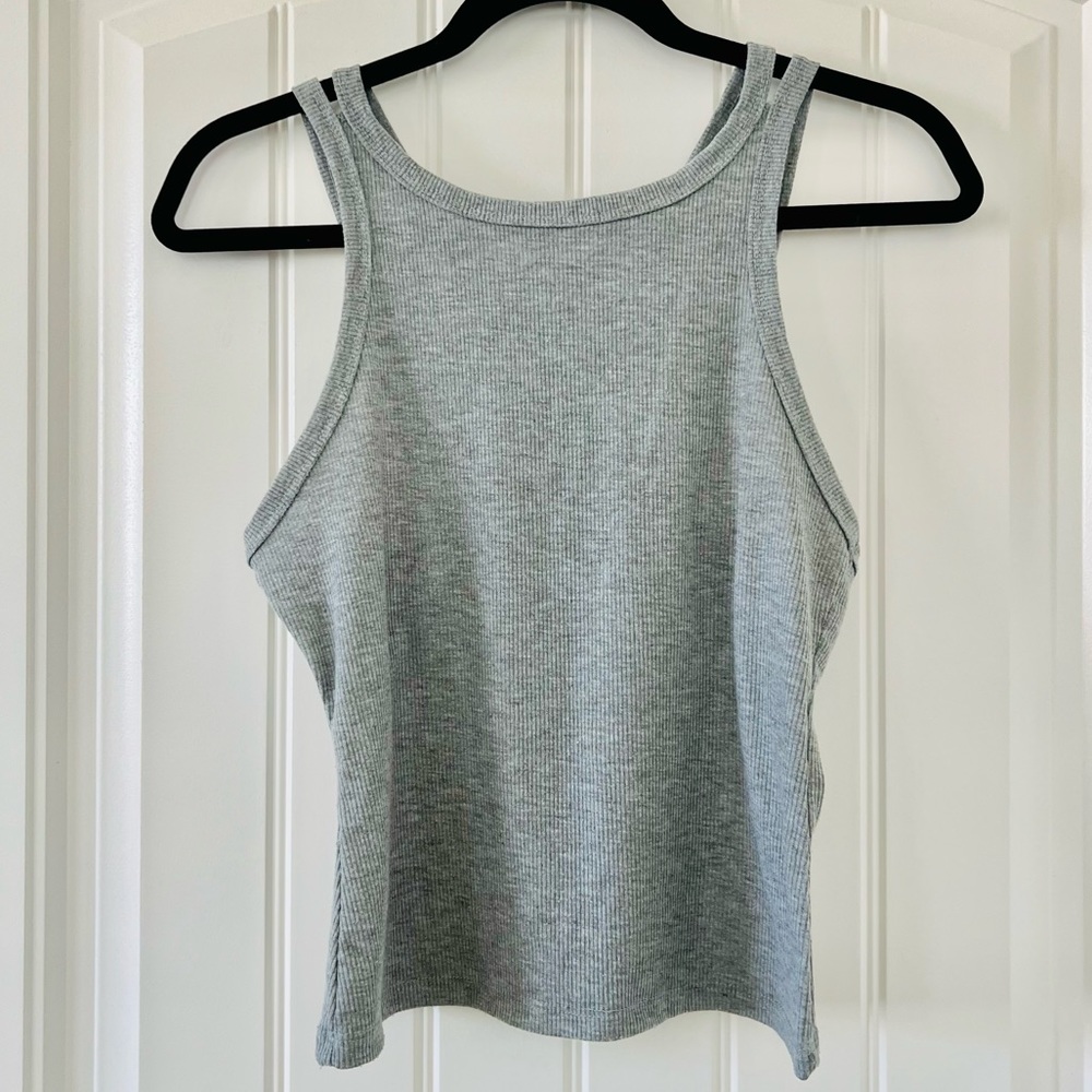 RUE 21 DOUBLE STRAP X-BACK RACERBACK GRAY RIBBED HIGH NECK ATHLEISURE TANK TOP - Picture 3 of 8